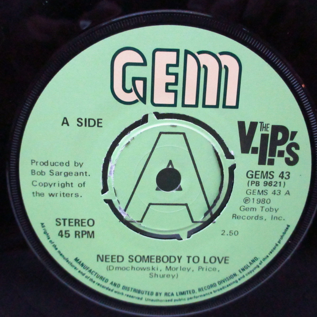 V.I.P.'s, THE (ザ・ヴィップス) - I Need Somebody To Love...(UK オリジナル 7"/ステッカー付き光沢ソフト紙折り返ジャケ) ボーナスEP「Beat Crazy!」付き !