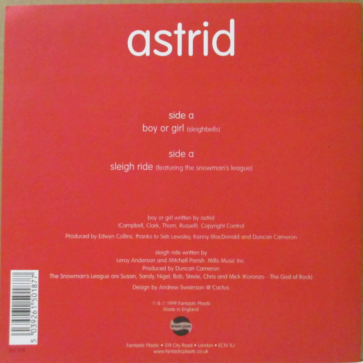 ASTRID (アストリッド) - Boy Or Girl +2 (UK '99 オリジナル「ホワイトヴァイナル」 7インチ+マット固紙ジャケ)