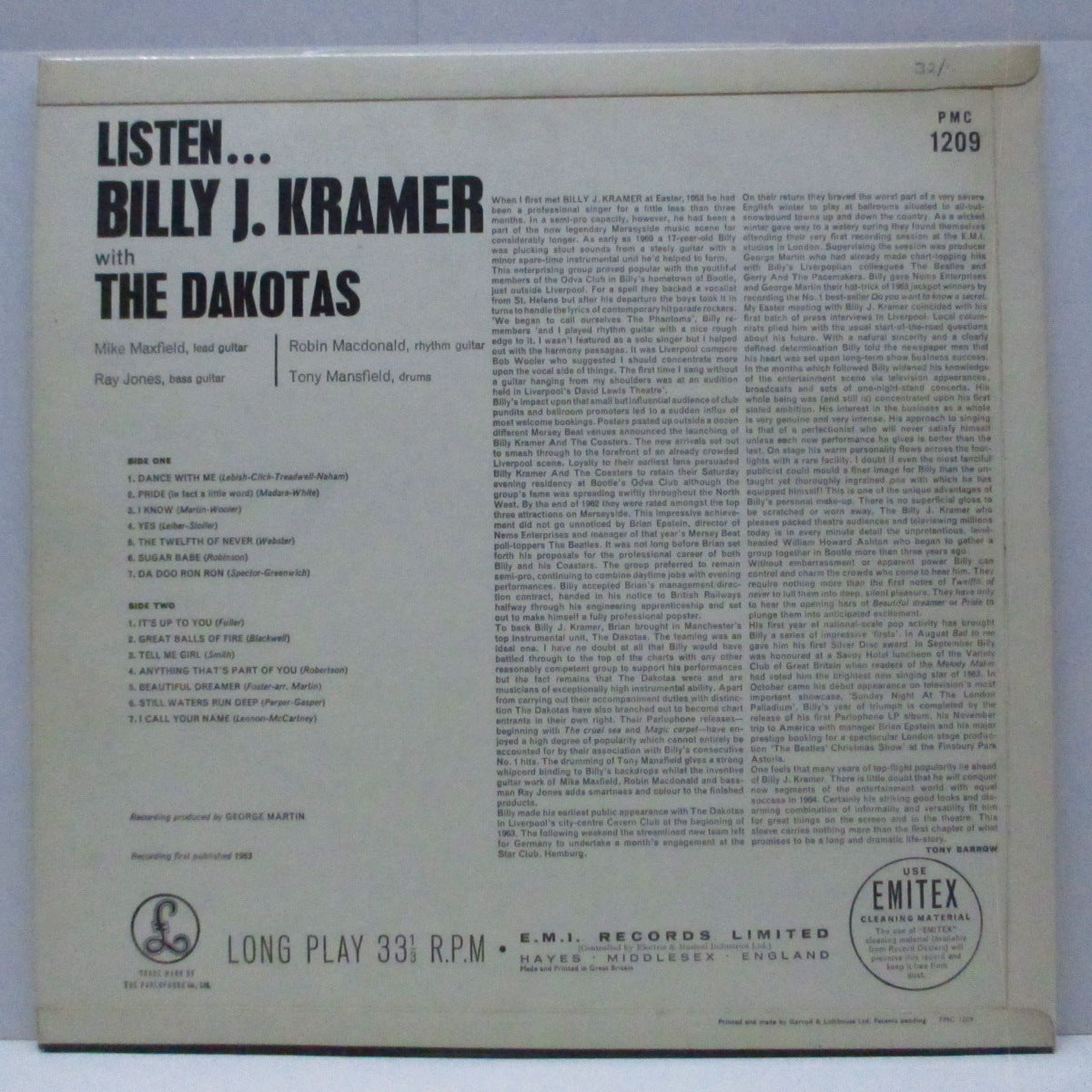 BILLY J.KRAMER WITH THE DAKOTAS (ビリー J.クレーマー・ウィズ・ザ・ダコタス) - Listen... (UK オリジナル「モノラル」LP/表面コーティング3面折り返ジャケ) '64年ファーストアルバム!