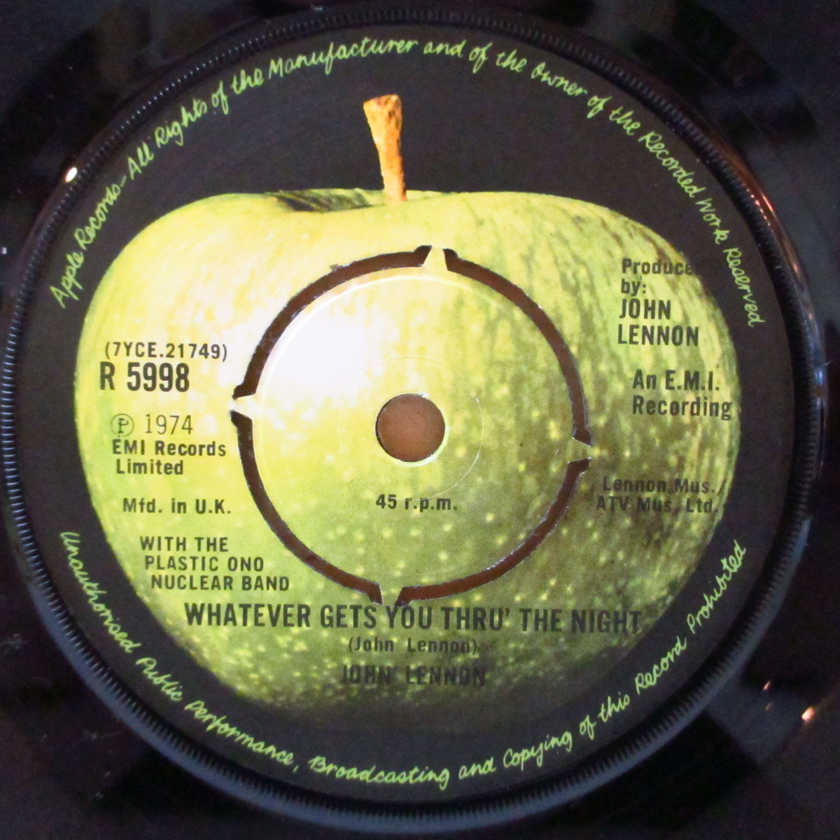 JOHN LENNON (ジョン・レノン) - Whatever Gets You Thru' The Night (UK '74 オリジナル「ラウンドセンター」7インチ+ダイカット黒スリーブ)