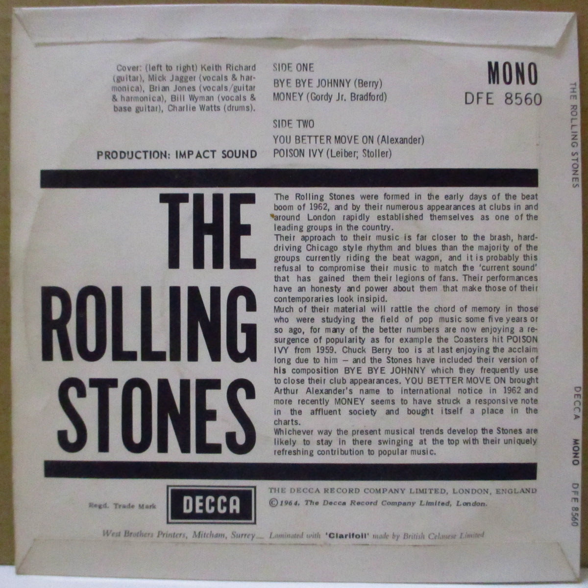 ROLLING STONES (ローリング・ストーンズ) - S.T. / Bye Bye Johnny +3 (UK '64 オリジナル4曲入り「ラウンドセンター」モノラル 7インチ+表面コーティング折り返しジャケ)