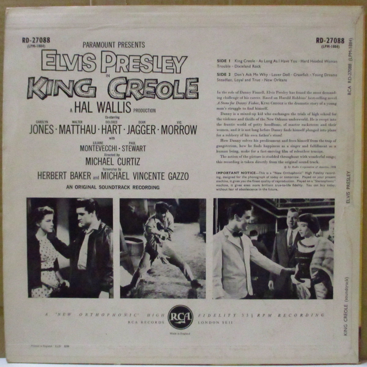 ELVIS PRESLEY (エルヴィス・プレスリー) - King Creole (UK オリジナル「RCA シルバー・スポット黒ラベ」モノラル LP/「Danny Finnell 誤表記」初回表面コーティング・ジャケ)