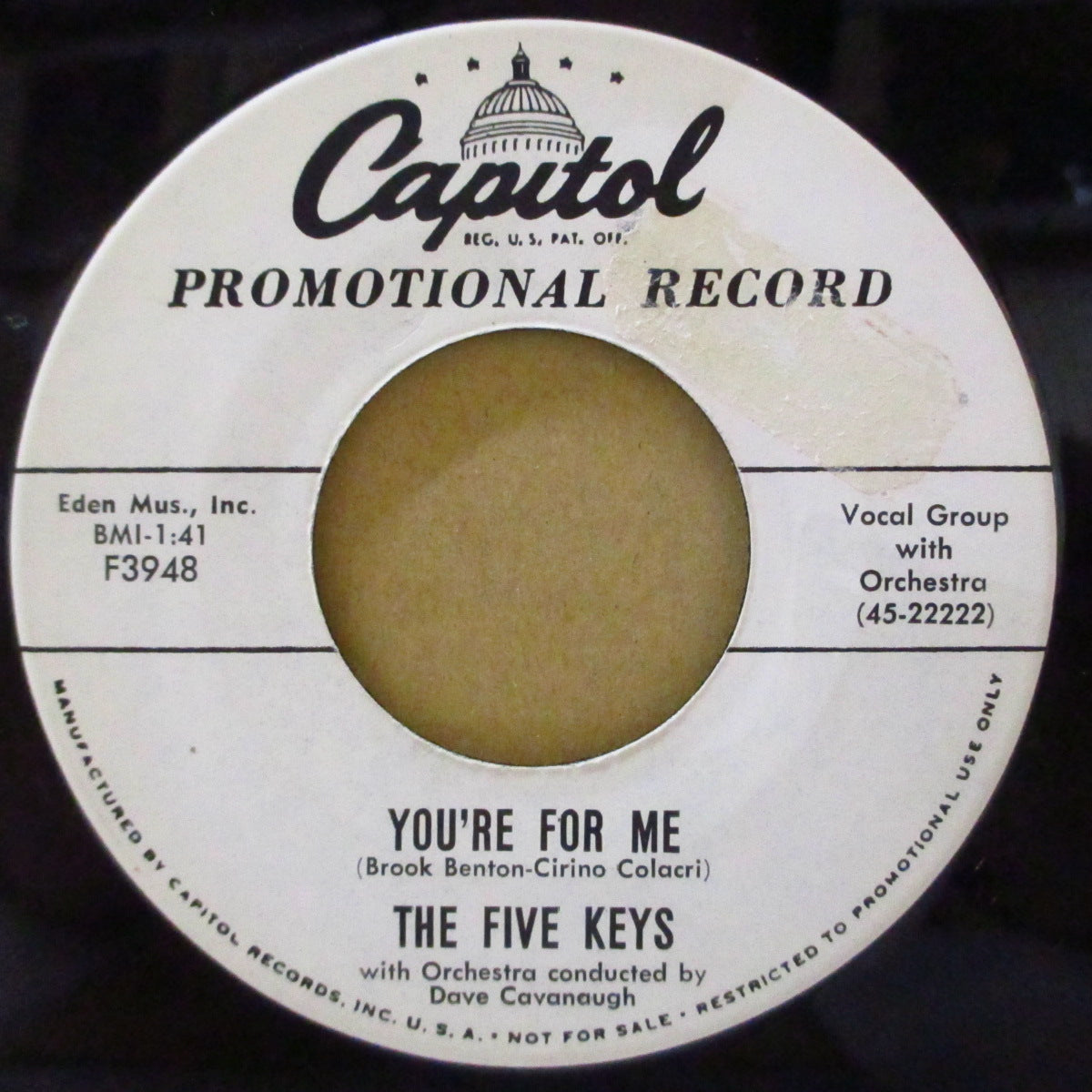 FIVE KEYS (ファイブ・キーズ) - You're For Me / With All My Love (US '58 プロモ・白ラベ7インチ)ドゥワップ・ジャイヴァー!