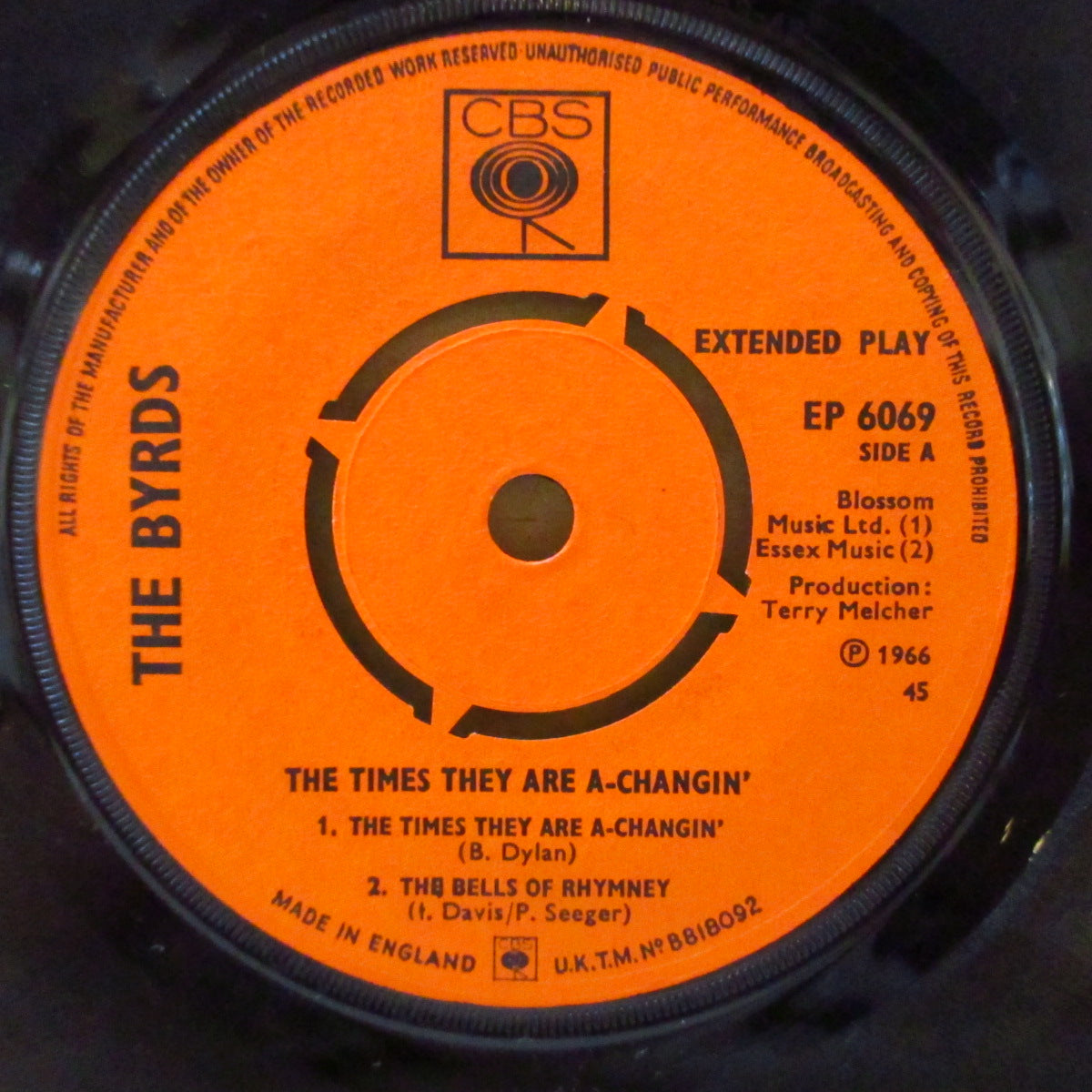 BYRDS (バーズ) - The Times They Are A'Changin' +3 (UK '66 オリジナル「ラウンドセンター」4曲入り 7インチEP+表面コーティング折り返しジャケ)