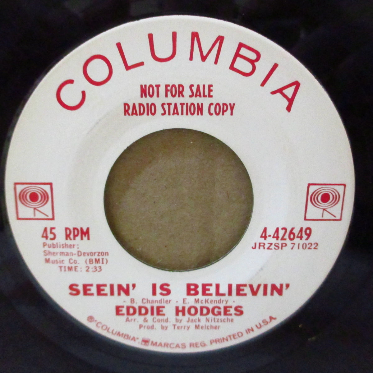 EDDIE HODGES (エディ・ホッジス) - Seein' Is Believin' / Secret (US '62 プロモ・白ラベ7インチ)ジャック・ニッチェのアレンジ、テリー・メルチャーのプロデュース、ファズギター入りファズギター入りティーンポップ