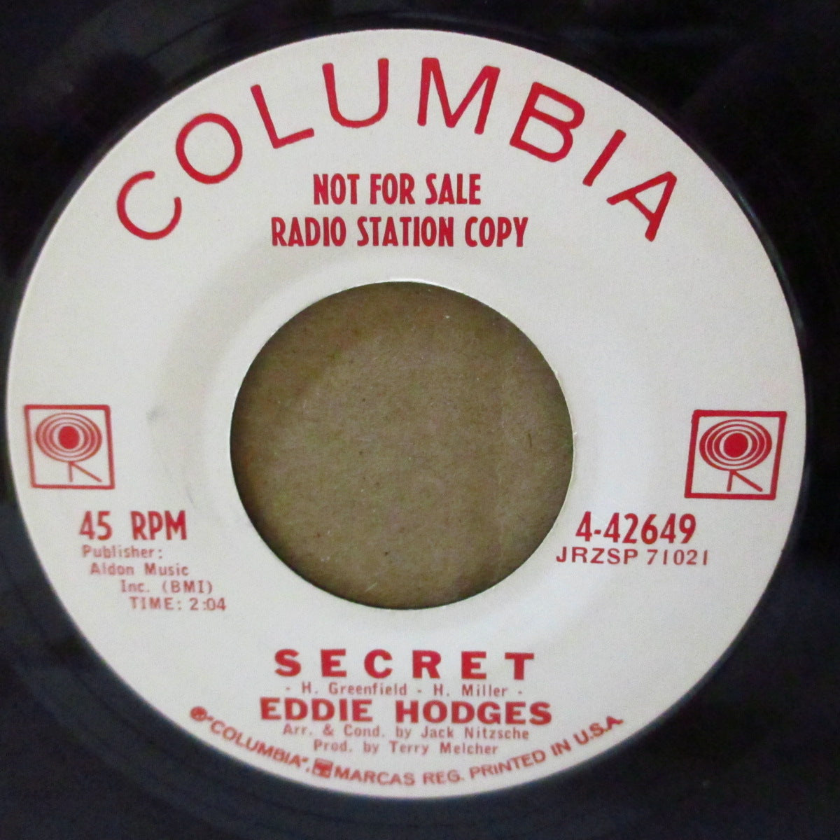 EDDIE HODGES (エディ・ホッジス) - Seein' Is Believin' / Secret (US '62 プロモ・白ラベ7インチ)ジャック・ニッチェのアレンジ、テリー・メルチャーのプロデュース、ファズギター入りファズギター入りティーンポップ