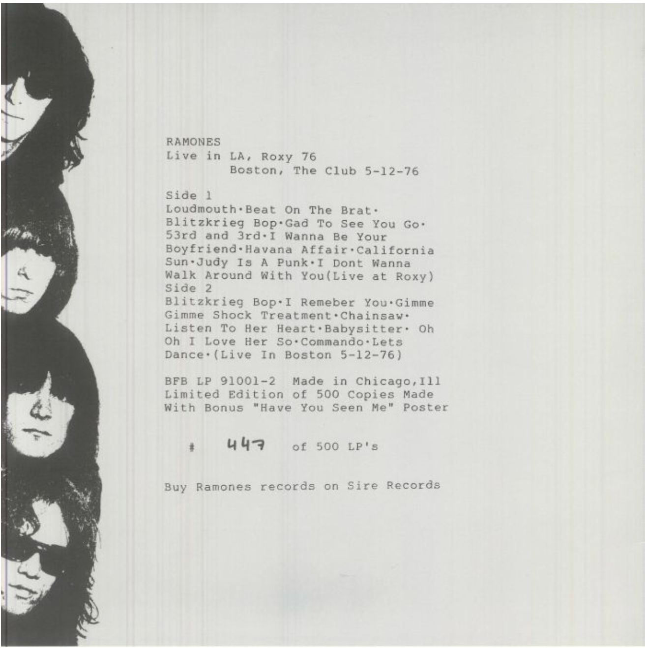 RAMONES (ラモーンズ) - Live In LA, Roxy 76 Boston, The Club 5 -12 - 76 (EU 500限定再発ナンバリング入り LP/ New) ジョーイのポスター付き!