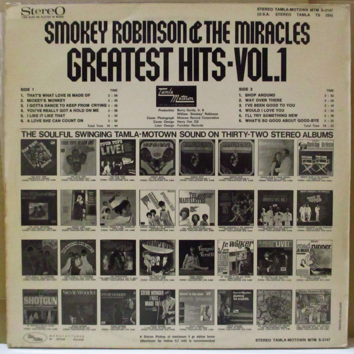 MIRACLES (SMOKEY ROBINSON & THE) (スモーキー・ロビンソン&ミラクルズ) - Greatest Hits Vol.1 (オランダ '68 オリジナル・ステレオ LP)オランダのみの独自編集ベスト12曲。
