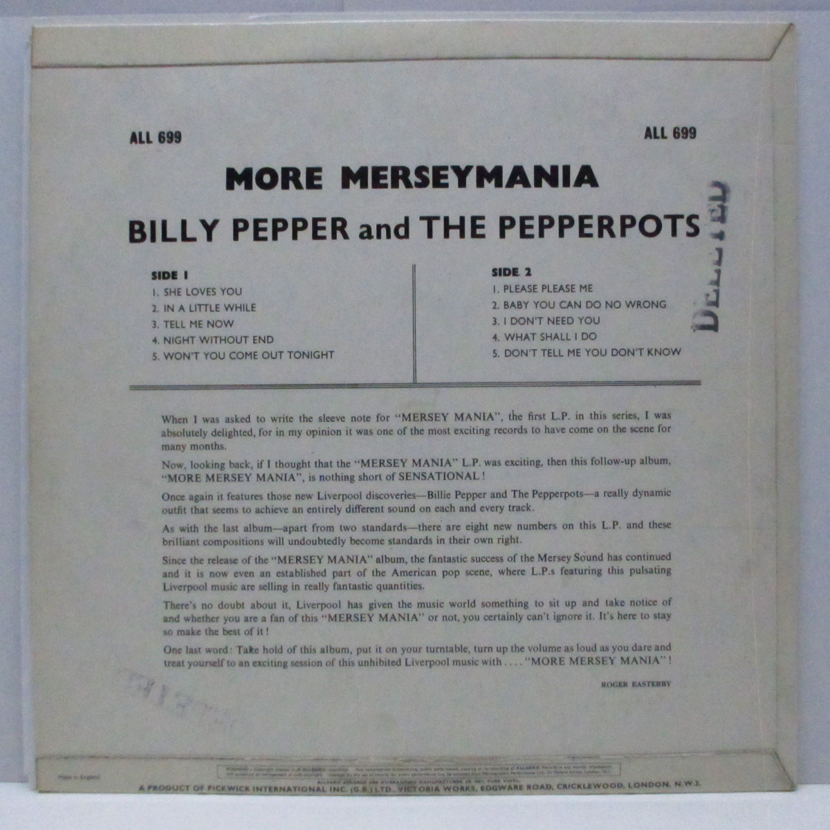 BILLY PEPPER AND THE PEPPERPOTS (ビリー・ペッパー&ザ・ペッパーポッツ) - Beat !! More Merseymania (UK Allegro社オリジナル LP/表面コーティング2面折り返ジャケ)