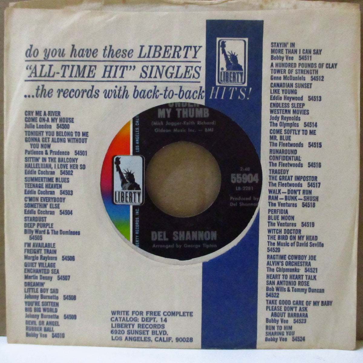 DEL SHANNON (デル・シャノン) - Under My Thumb (US '66 オリジナル7インチ)ストーンズ名曲の絶妙カバー!