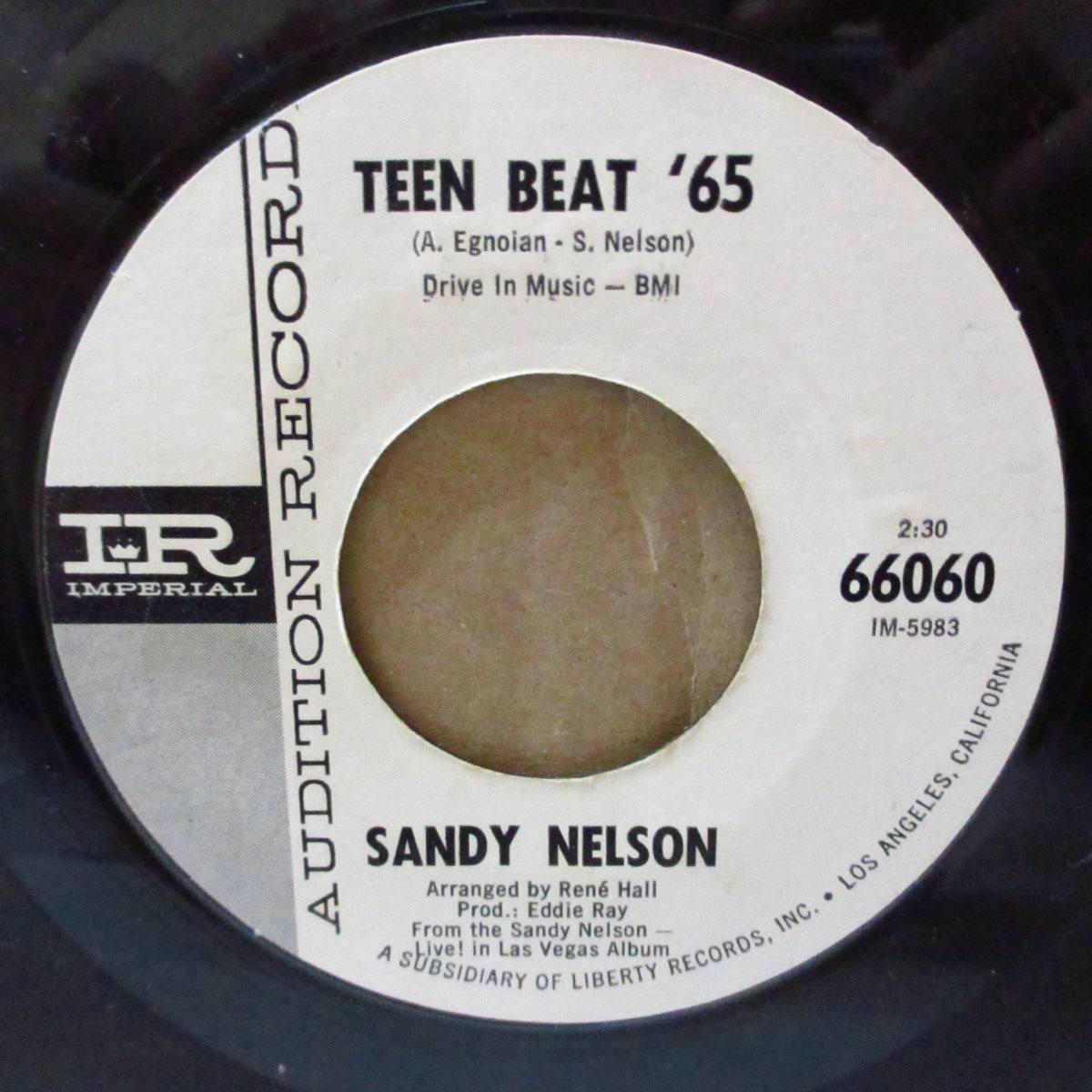 SANDY NELSON (サンディ・ネルソン) - Teen Beat '65 / Kitty's Theme (US '64 プロモ・白ラベ7インチ)デビュー曲のリメイク!