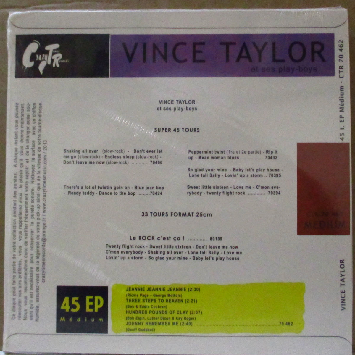 VINCE TAYLOR & PLAYBOYS (ヴィンス・テイラー) - Jeannie Jeannie Jeannie +3 (フランス '13 再発ジャケ付き4曲入り7インチEP/廃盤 Newシールド未発表セッションカバー収録。