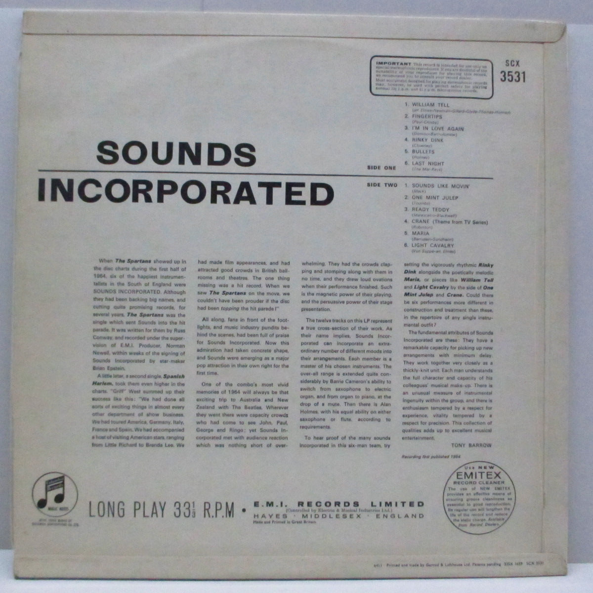 SOUNDS INCORPORATED (サウンズ・インコーポレイテッド) - Sounds Incorporated (UK オリジナル「ステレオ」LP/表面コーティング3面折り返有りジャケ)