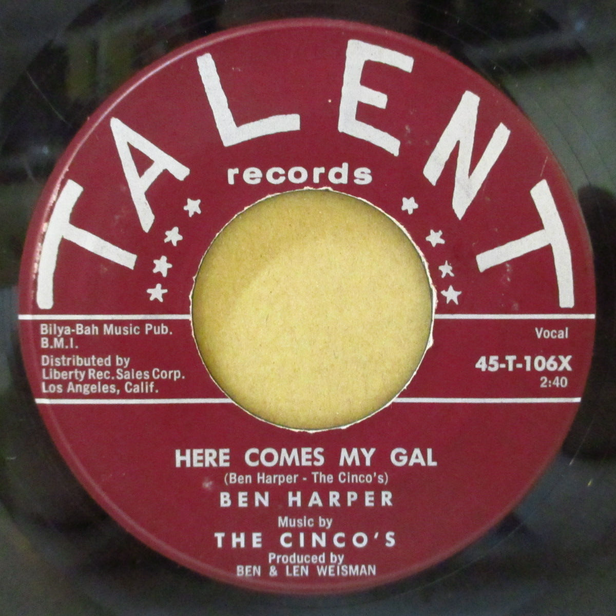BEN HARPER & THE CINCO'S (ベン・ハーパー & ザ・シンコズ) - Here Comes My Gal / Driveway Blues (US '60 オリジナル7インチ)デンジャー・ダウンホーム・ブルース!