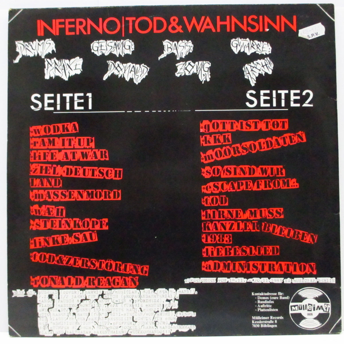 INFERNO (インフェルノ) - Tod & Wahnsinn (German オリジナル「オレンジ/黒/赤」ラベ LP/「赤ロゴ」ジャケ)ブックレット無し!