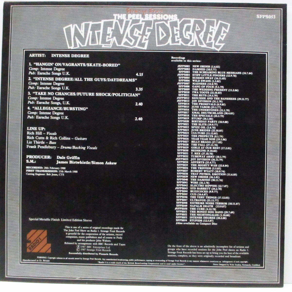 INTENSE DEGREE (インテンス・ディグリー) - The Peel Sessions (UK 限定 「グレイ&ホワイト」ラベ 11曲入り 12"/メタリックジャケ)インサート無し!