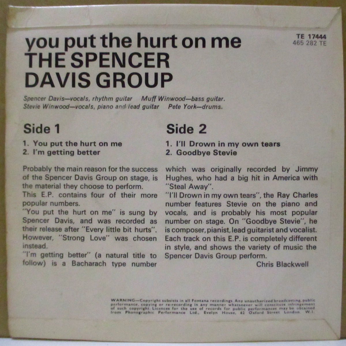 SPENCER DAVIS GROUP (スペンサー・デイヴィス・グループ) - You Put The Hurt On Me +3 (UK '65 オリジナル「ラウンドセンター」モノラル4曲入り 7インチEP+表面コーティング折り返しジャケ)