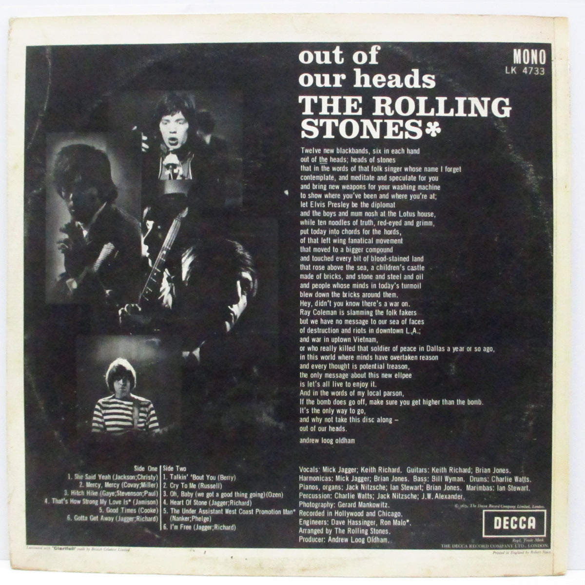 ROLLING STONES (ローリング・ストーンズ) - Out Of Our Heads (UK オリジナル「モノラル」LP「Robert Stace.社製」表面コーティングジャケ) '65年サードアルバム!