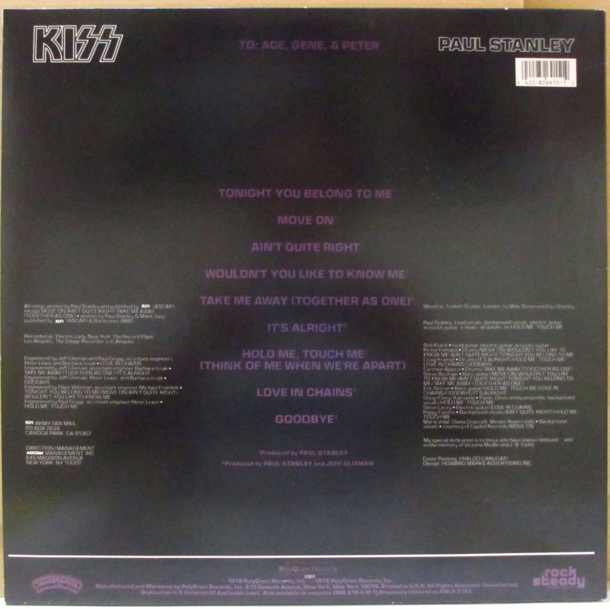 KISS (キッス) - Kiss:Paul Stanley (US '85 再発 LP) '78年ポール・スタンレー・ソロアルバム