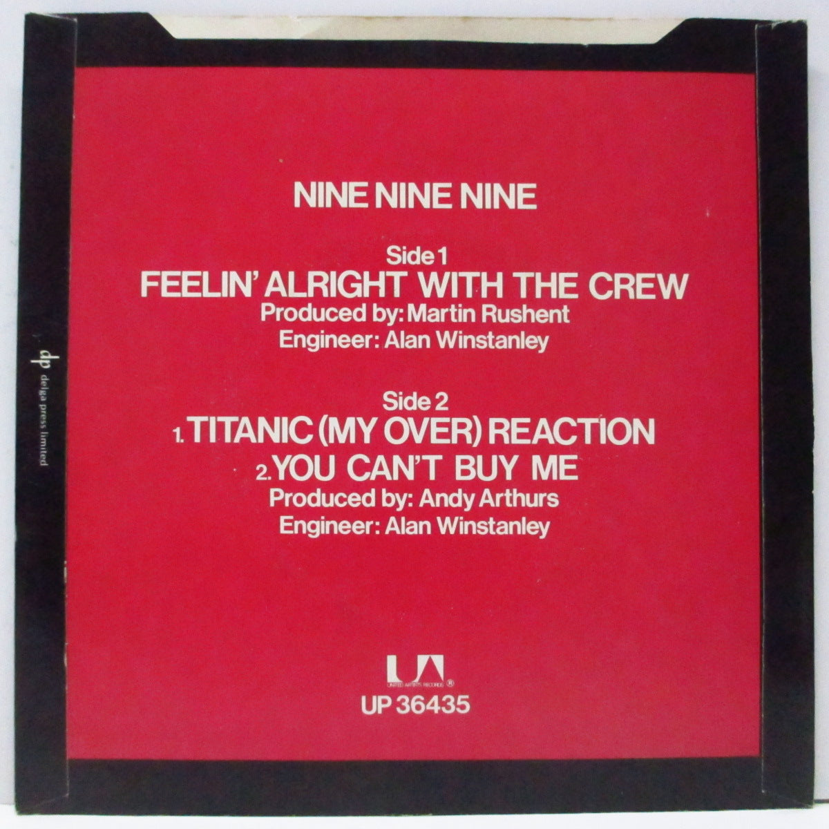 999 (ナイン・ナイン・ナイン) - Feelin' Alright With The Crew +2 (UK オリジナル「ラウンドセンター」7"/光沢固紙折り返しジャケ)