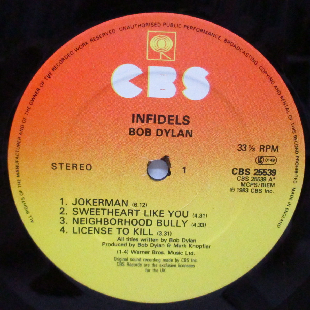 BOB DYLAN (ボブ・ディラン) - Infidels (UK オリジナル「オレンジ/イエロー」ラベ LP+インナー/光沢ジャケ)