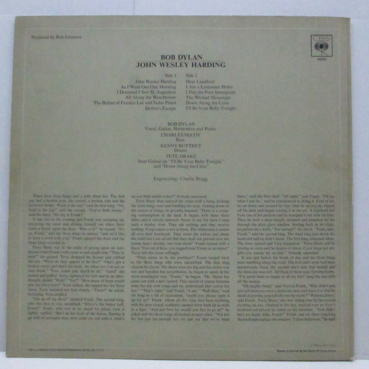 BOB DYLAN (ボブ・ディラン) - John Wesley Harding (UK オリジナル「モノラル」LP/表面コーティングジャケ)