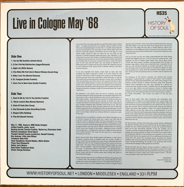 ARETHA FRANKLIN (アレサ・フランクリン) - Live In Cologne May ‘68 (EU 限定プレスLP / New) '68年26歳大充実期のドイツ・スタジオ・ライブ!