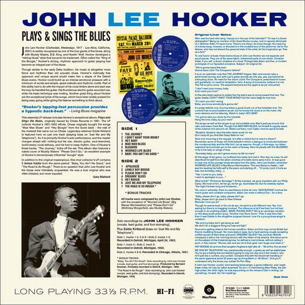 JOHN LEE HOOKER (ジョン・リー・フッカー) - Plays & Sings The Blues (EU 限定復刻ボーナス入り再発180g LP/New)