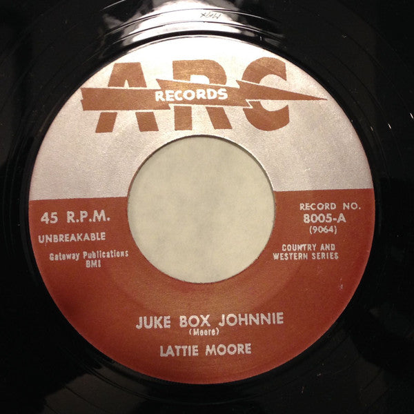 LATTIE MOORE (ラティ・ムーア) - Juke Box Johnnie / Pretty Woman Blues (US 限定リプロ再発「黒盤」7インチ/New) 両面共ロッキン・ホンキートンク・ヒルビリー名曲!