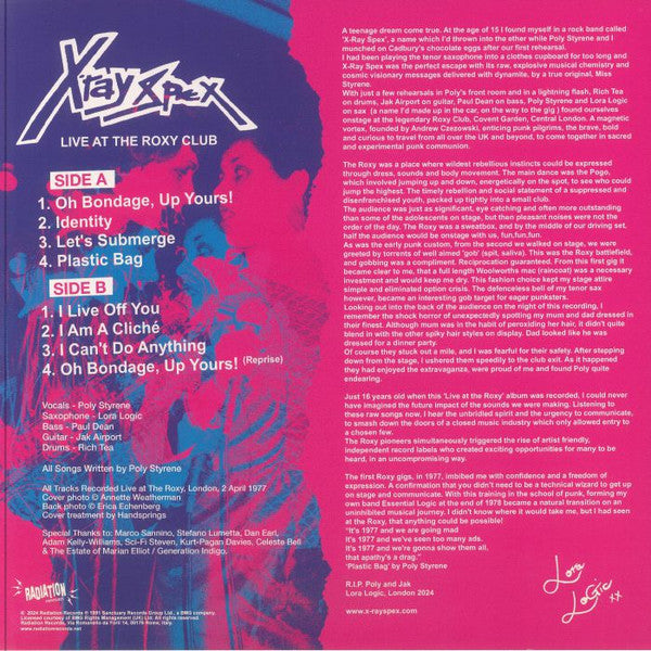 X-RAY SPEX (エックス・レイ・スペックス) - Live At The Roxy Club (Italy 限定再発「ブラックヴァイナル」LP/ New)