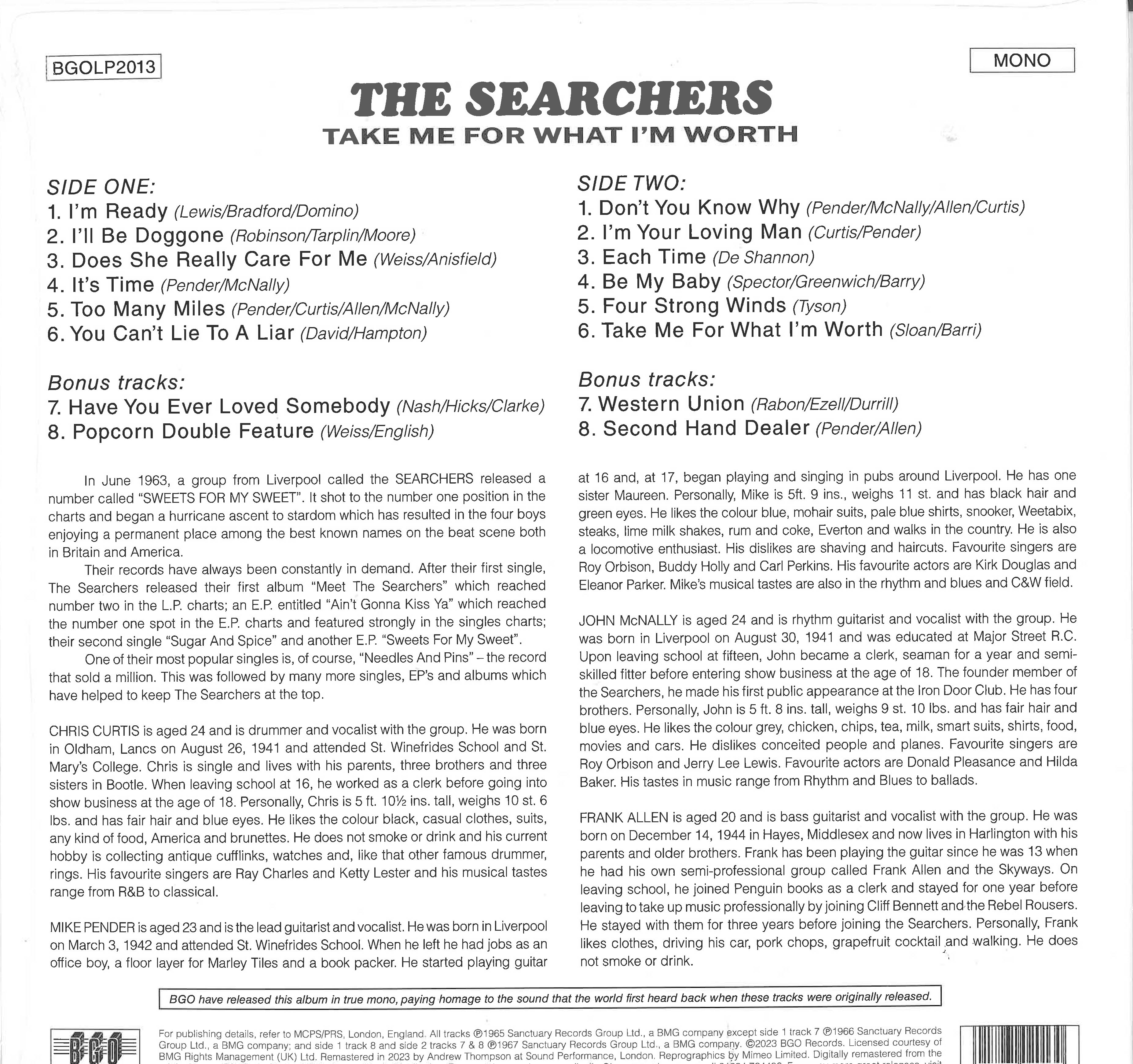 SEARCHERS, THE (ザ ・サーチャーズ) - Take Me For What I'm Worth (UK 限定復刻リマスターボーナス入り再発モノラル LP/ New)