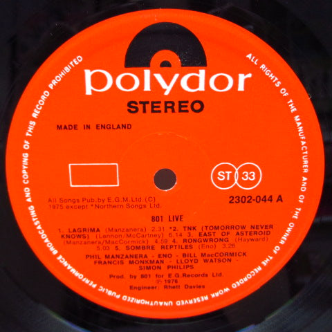 801 - 801 Live (UK 70's Reissue LP/Polydor)