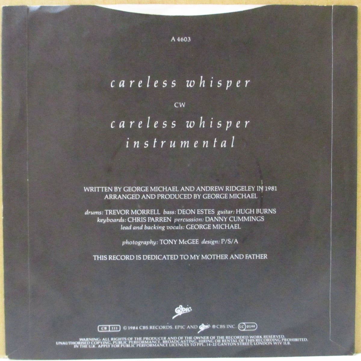 GEORGE MICHAEL (ジョージ・マイケル) - Careless Whisper (UK オリジナル・ペーパーラベ 7"+PS)