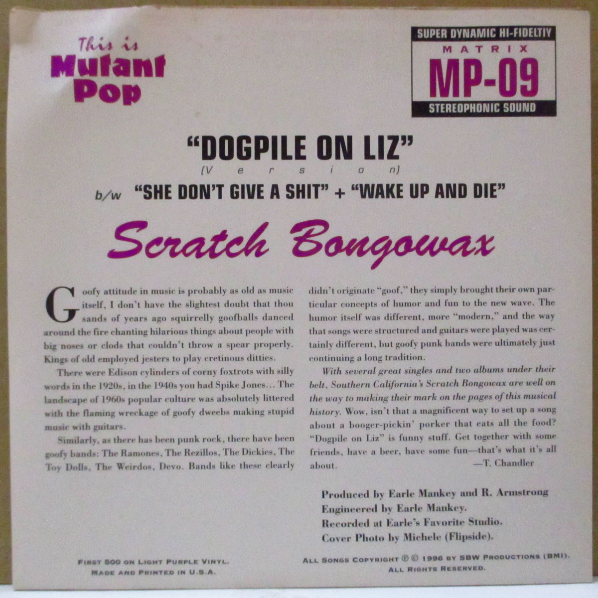 SCRATCH BONGOWAX (スクラッチ・ボンゴワックス) - Dogpile On Liz +2 (US 500 Limited Purple Vinyl 7")