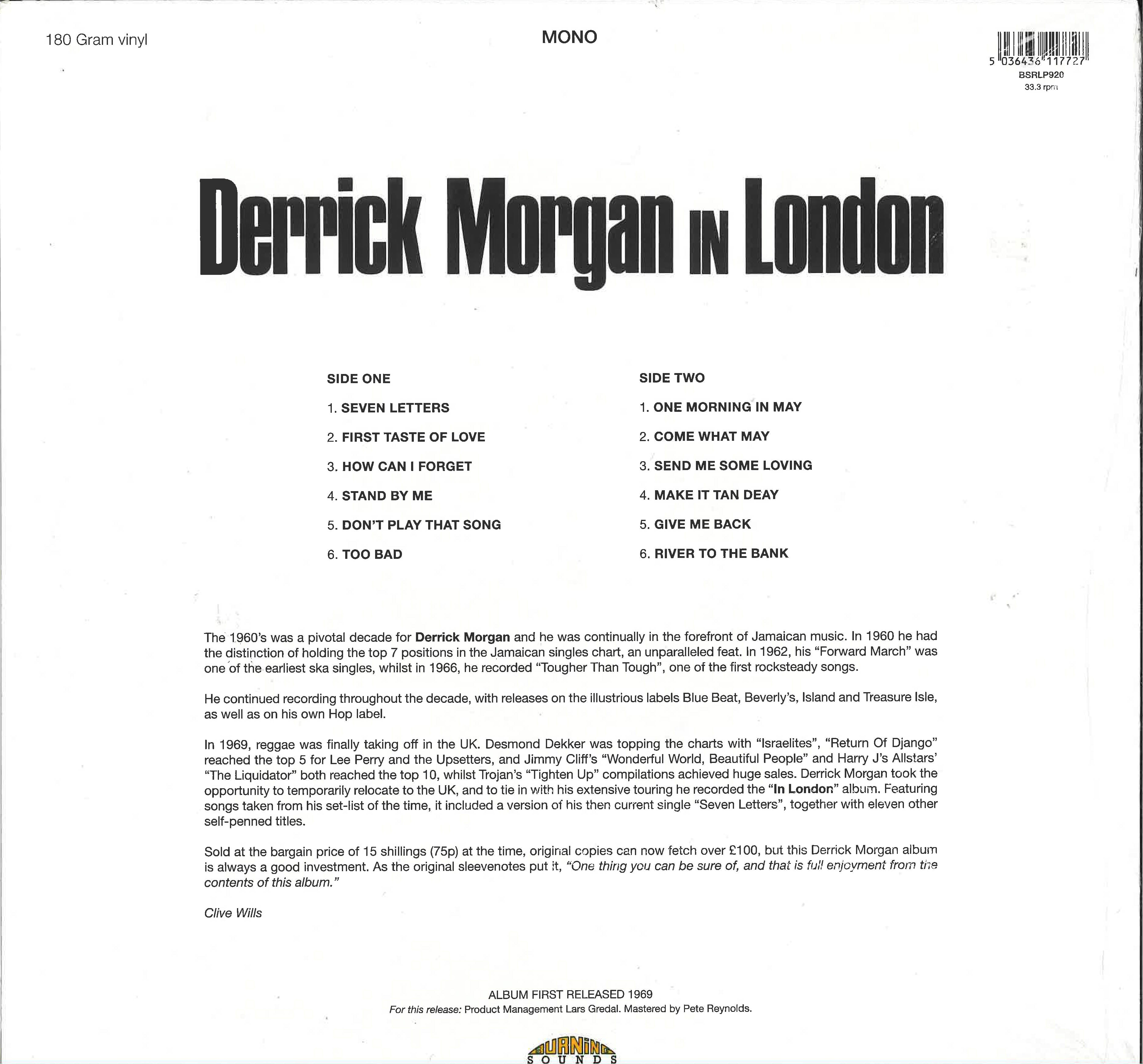 DERRICK MORGAN (デリック・モーガン) - Derrick Morgan In London (UK K限定復刻再発モノラル LP/New) '69年セカンド・アルバム。高速スキンヘッド・ロックステディ名曲満載!
