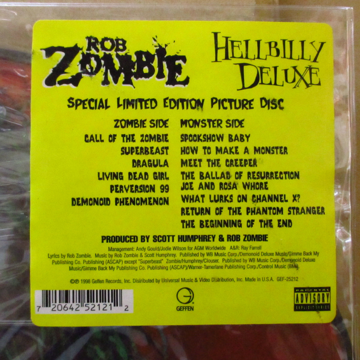 ROB ZOMBIE (ロブ・ゾンビ)  - Hellbilly Deluxe (US 限定「ピクチャーディスク」 LP+レアステッカー付きPVC) '98年1stソロアルバム
