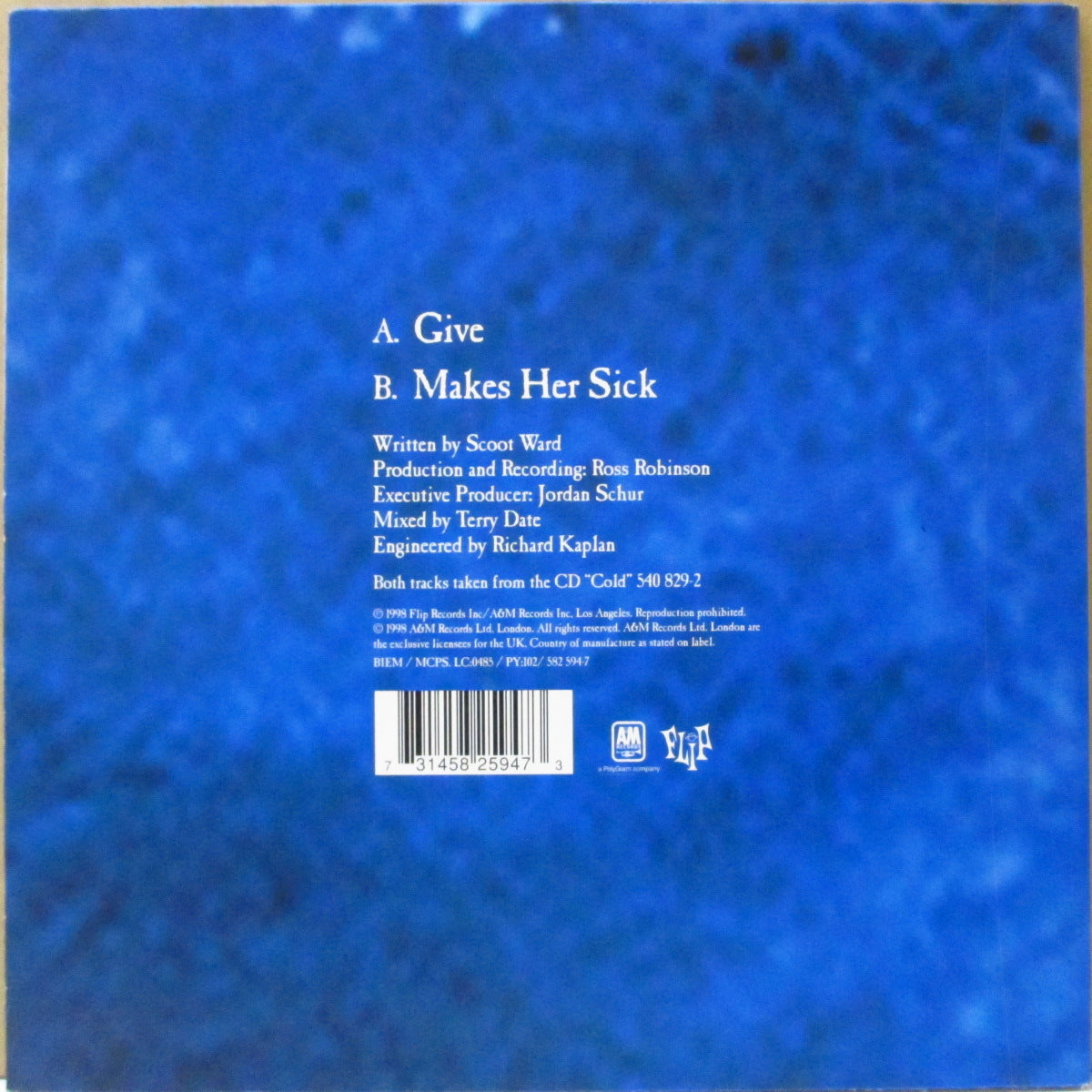 COLD (コールド)  - Give (UK '98 オリジナル「黒盤」 7インチ+レアステッカー付き光沢固紙ジャケ, 固紙インナー)