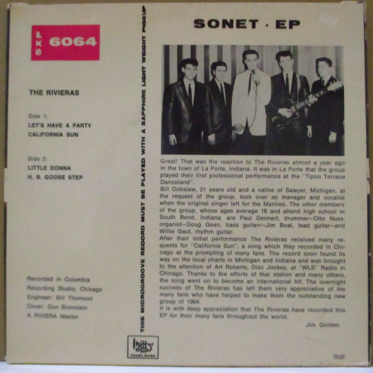RIVIERAS, THE (ザ・リヴィエラス)  - Let's Have A Party +3 (スウェーデン'64年オリジナル4曲入り7インチEP/両面コーティング・ジャケ) ガレージ・サーフ・レジェンド、スウェーデン独自EP！
