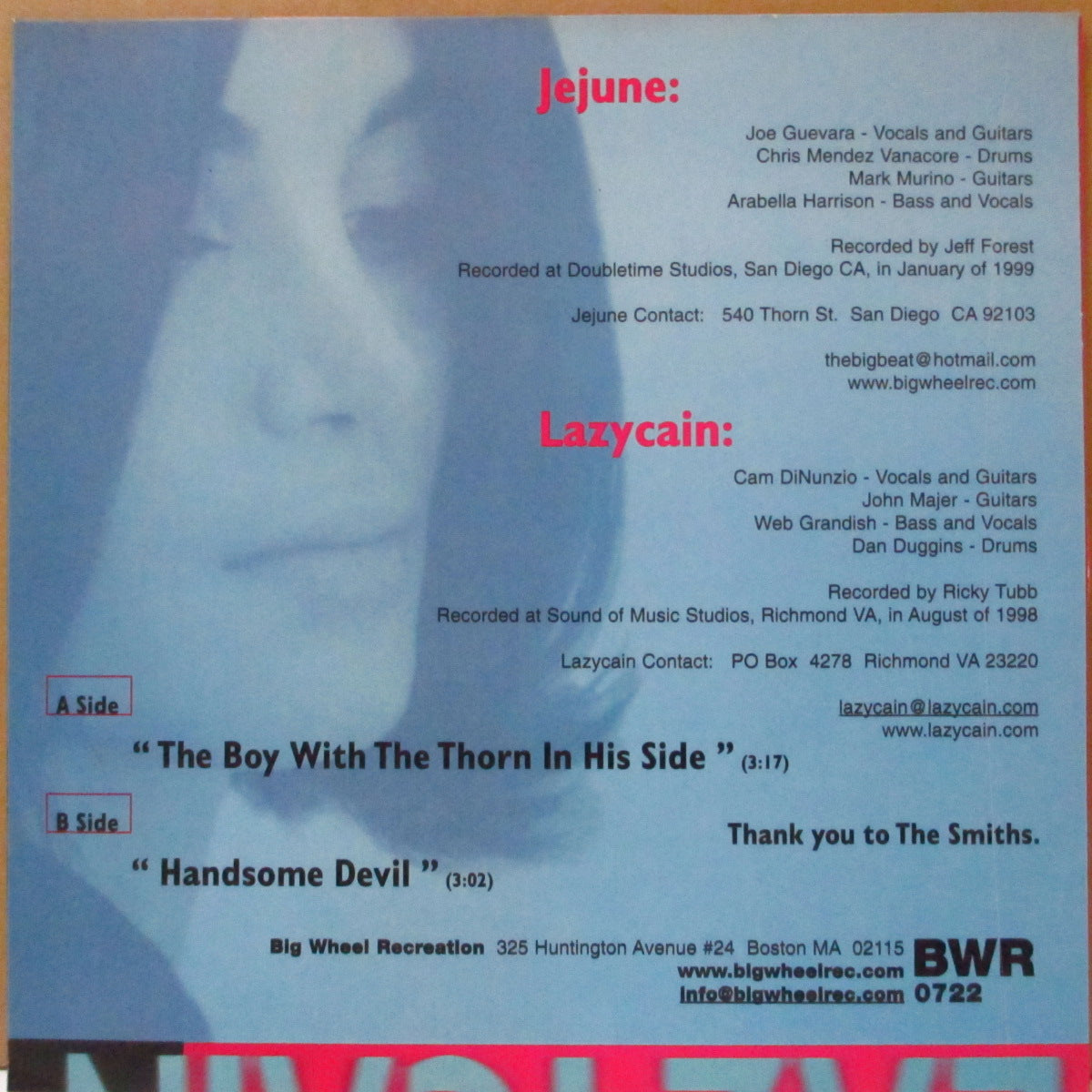 JEJUNE / LAZYCAIN (ジェジューン / レイジーケイン)  - The Boy With The Thorn In His Side / Handsome Devil (US '99 限定スプリット「ホワイトヴァイナル」 7インチ+光沢固紙ジャケ)
