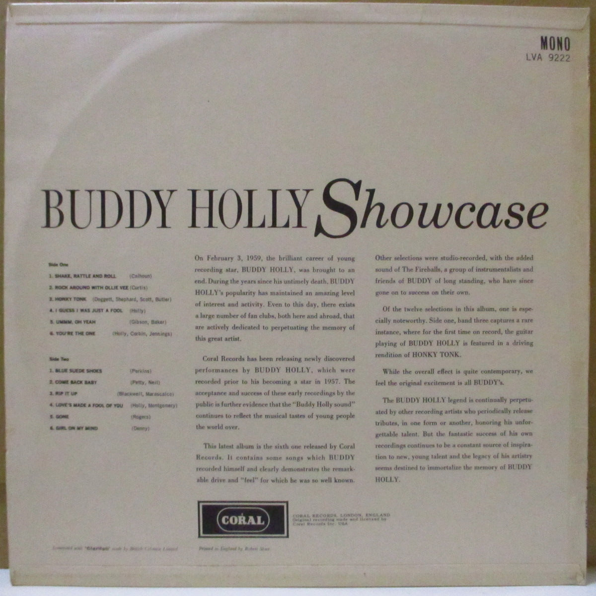 BUDDY HOLLY (バディ・ホリー)  - Showcase (UK '64 初回オリジナル・モノラル LP/表面コーティング「折り返し」ジャケ) 死後4枚目の追悼コンピ！