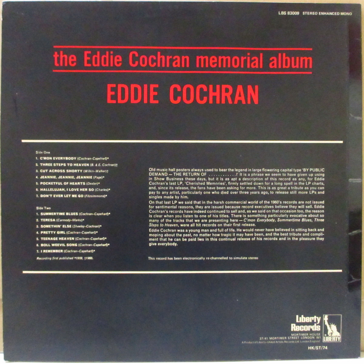 EDDIE COCHRAN (エディ・コクラン)  - The Eddie Cochran Memorial Album (UK '70 再発「黒＆レインボー・ラベ ver」疑似ステレオ LP/表面コーティング・ジャケ) 近年稀な美品
