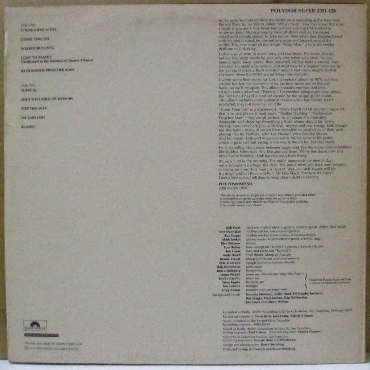 LINK WRAY (リンク・レイ)  - The Link Wray Rumble (UK '74 オリジナル・ステレオ LP)ロックンロール・スタイルの原点回帰的名作！