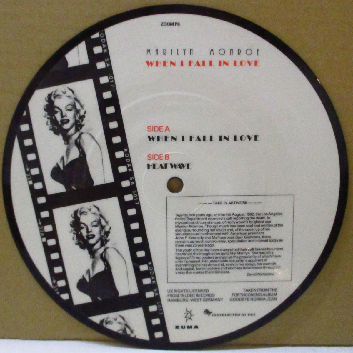 MARILYN MONROE (マリリン・モンロー)  - When I Fall In Love / Heat Wave (UK '87 再発ピクチャーディスク・7インチ) 名曲カップリング