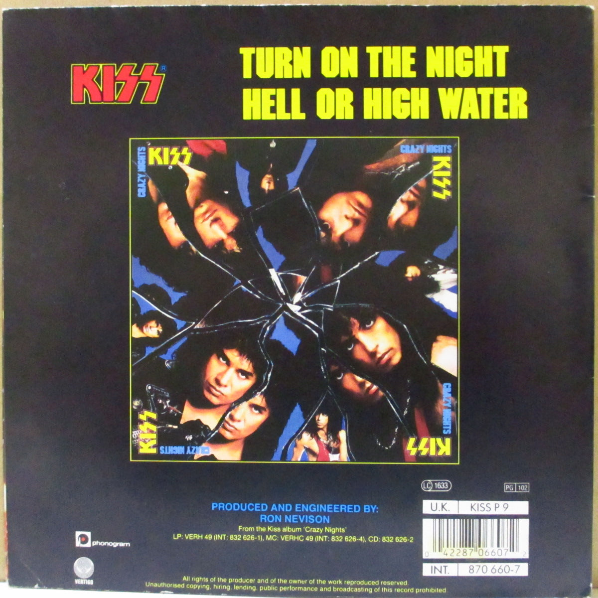 KISS (キッス)  - Turn On The Night (UK '87 限定 7インチ+光沢固紙折り返しジャケ, ポスタースリーブ)