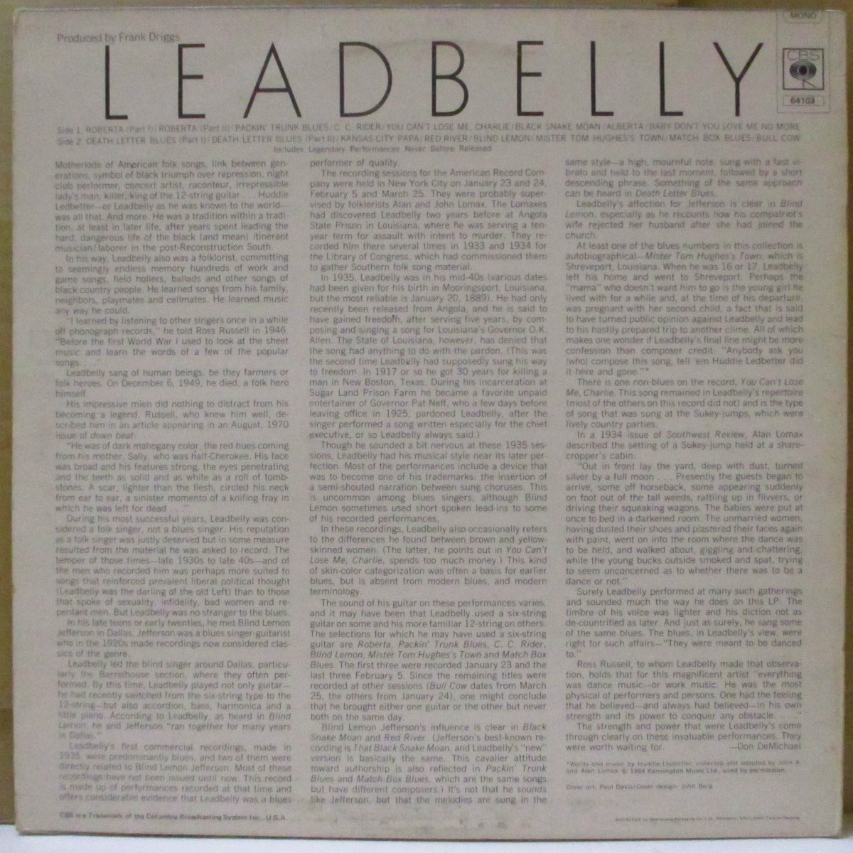 LEADBELLY (レッドベリー)  - Leadbelly : Includes Legendary Performances Never Before Released (UK '70 オリジナル・モノラル LP)当時未発表のレア音源集全16曲収録。