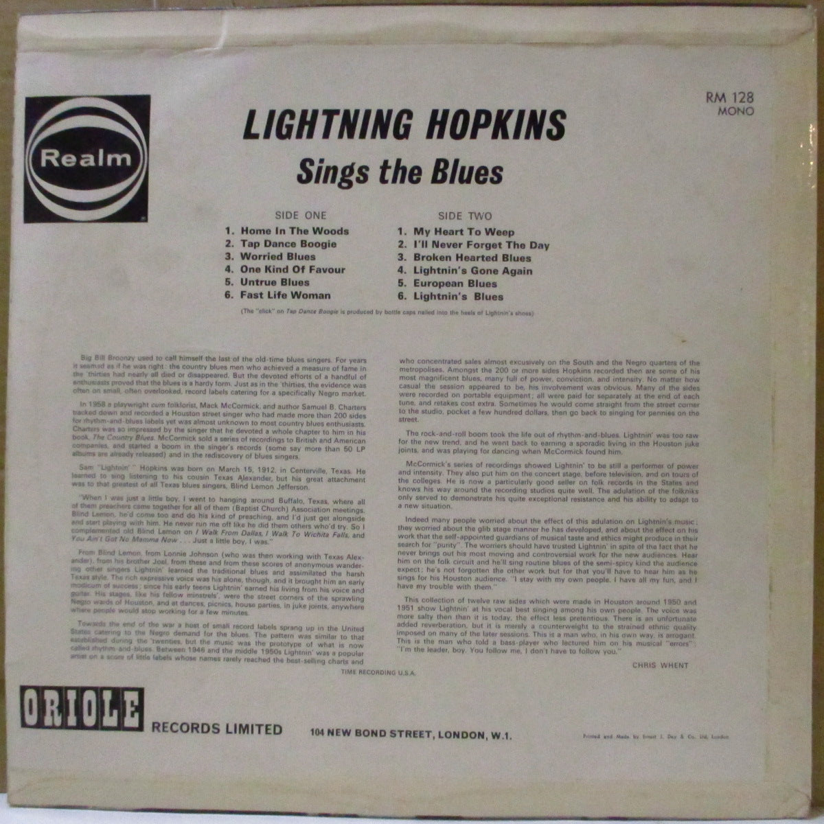 LIGHTNIN' HOPKINS (ライトニン・ホプキンス)  - Lightning Hopkins Sings The Blues (UK '63 オリジナル・モノラルLP/表面コーティング折り返しジャケ) 近年稀な美品！