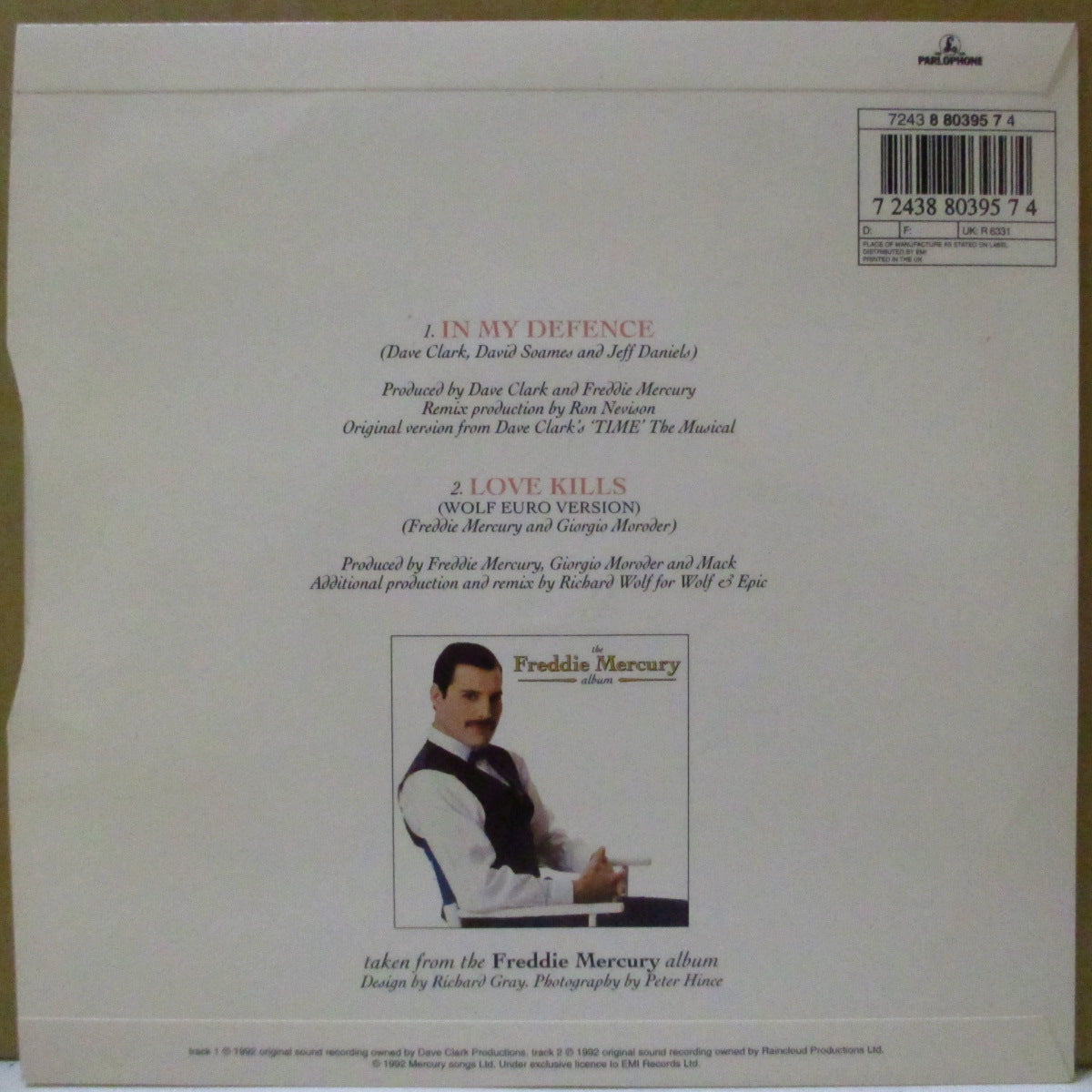 FREDDIE MERCURY (フレディ・マーキュリー)  - In My Defence (UK '92 オリジナル「銀プラスチックラベ・フラットセンター」 7インチ+光沢固紙ジャケ)