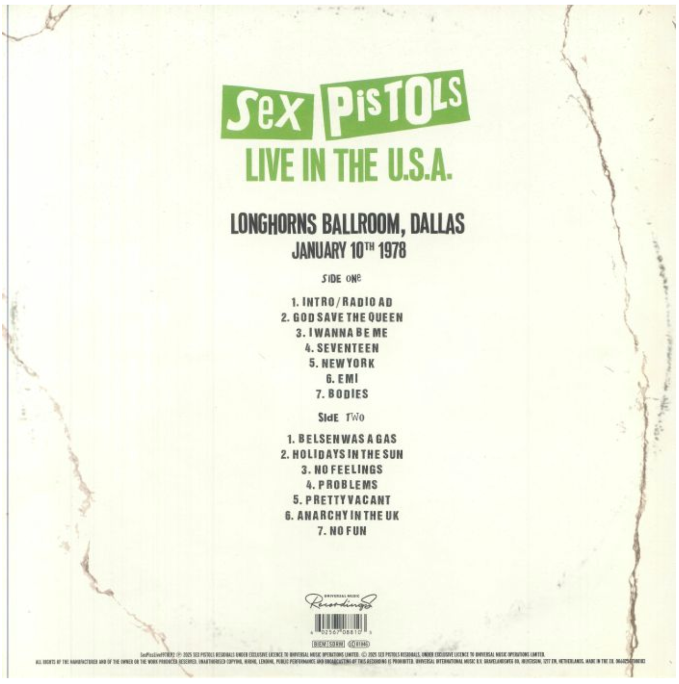 SEX PISTOLS (セックス・ピストルズ)  - Live in the USA 1978 – Dallas (EU 限定プレス「ホワイトヴァイナル」LP/ New）全米ツアー3公演作「第二弾」！