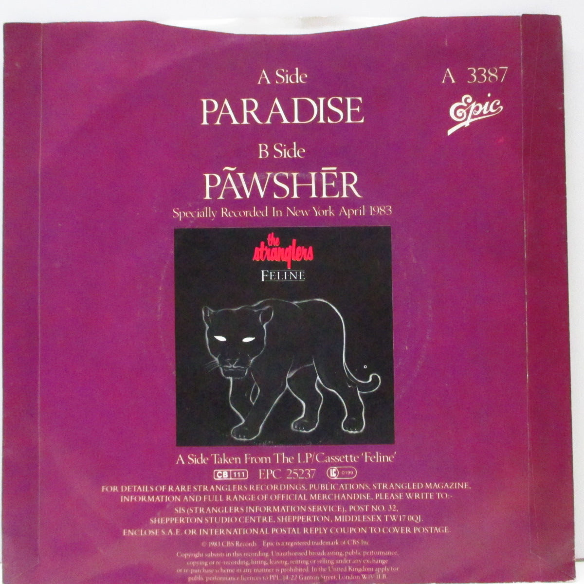 STRANGLERS, THE (ストラングラーズ )  - Paradise / Pawsher (UK オリジナル 7"/光沢ソフト紙折り返しジャケ) 紙ラベ Ver !