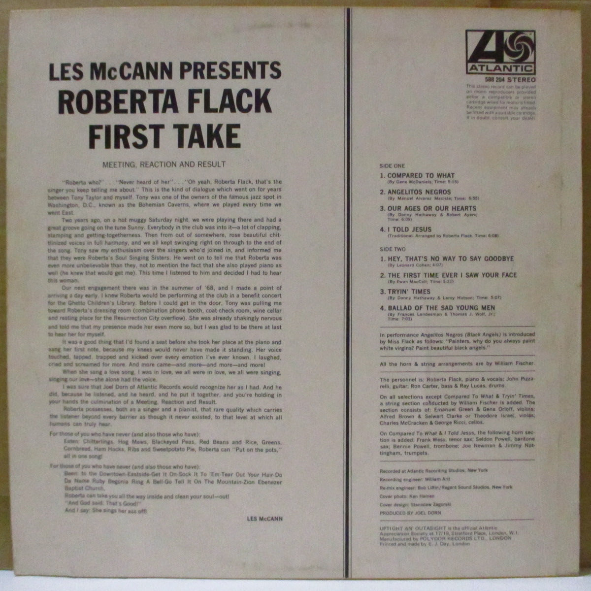 ROBERTA FLACK (ロバータ・フラック)  - First Take (UK '69 初回オリジナル「オレンジ&プラム・ラベ」ステレオ LP/表面コーティング・ジャケ) 美品！